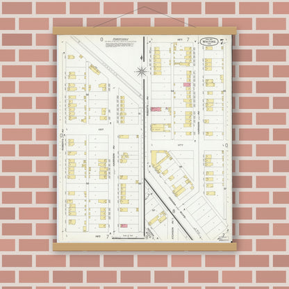Old map wall art mockup — magnetic wood frame on brick wall — Sanborn Fire Insurance Map from Whiting, Lake County, Indiana (1901), Sheet #0007