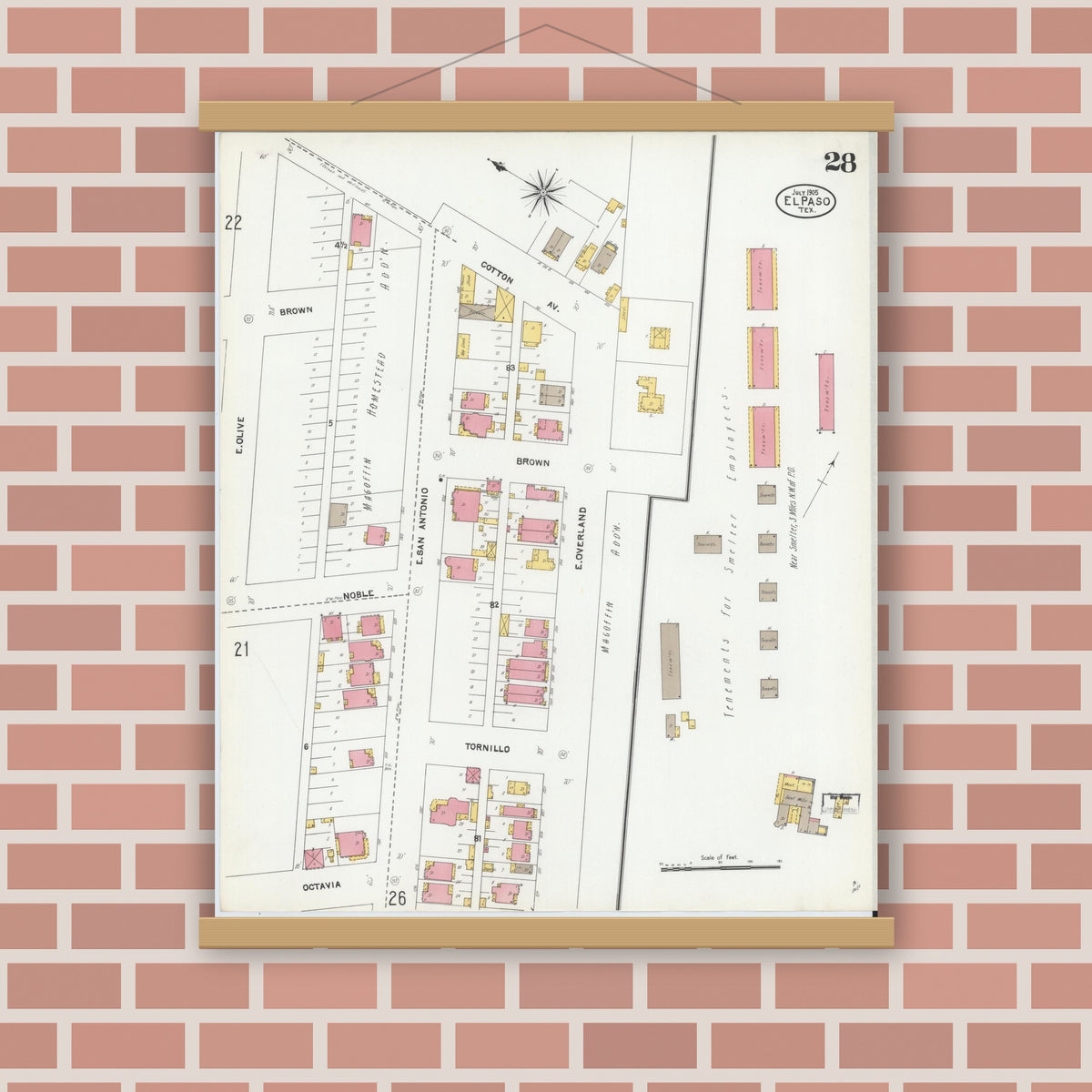 Old map wall art mockup — magnetic wood frame on brick wall — Sanborn Fire Insurance Map from El Paso, El Paso County, Texas (1905), Sheet #0028