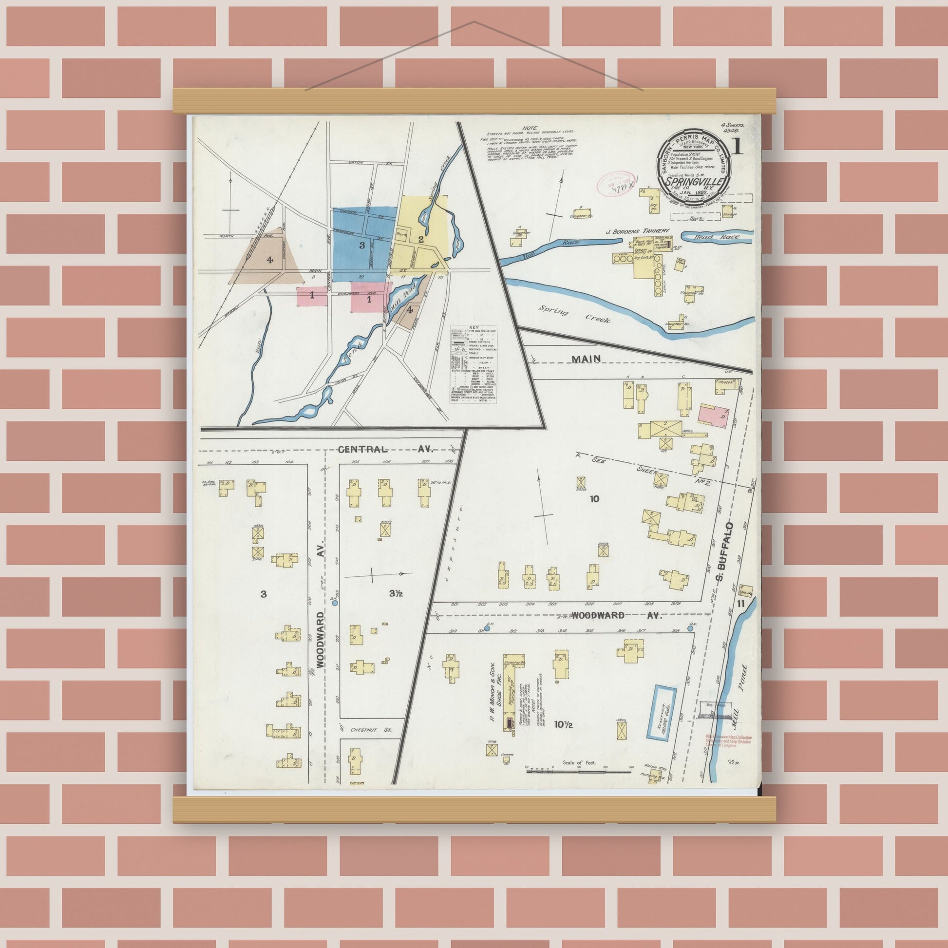 Old map wall art mockup — magnetic wood frame on brick wall — Sanborn Fire Insurance Map from Springville, Erie County, New York (1892), Sheet #0001
