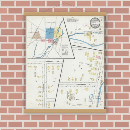 Old map wall art mockup — magnetic wood frame on brick wall — Sanborn Fire Insurance Map from Springville, Erie County, New York (1892), Sheet #0001