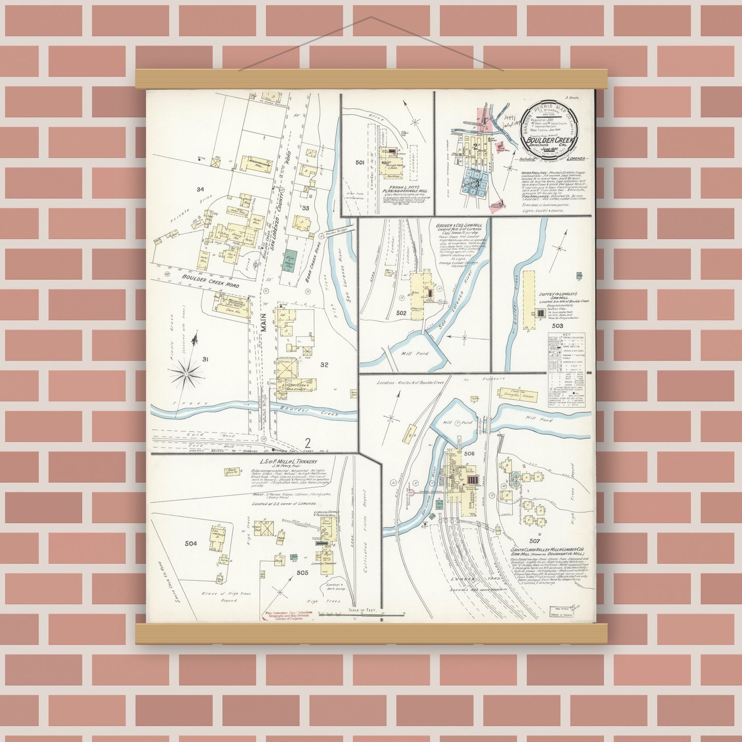 Old map wall art mockup — magnetic wood frame on brick wall — Sanborn Fire Insurance Map from Boulder Creek, Santa Cruz County, California (1897), Sheet #0001