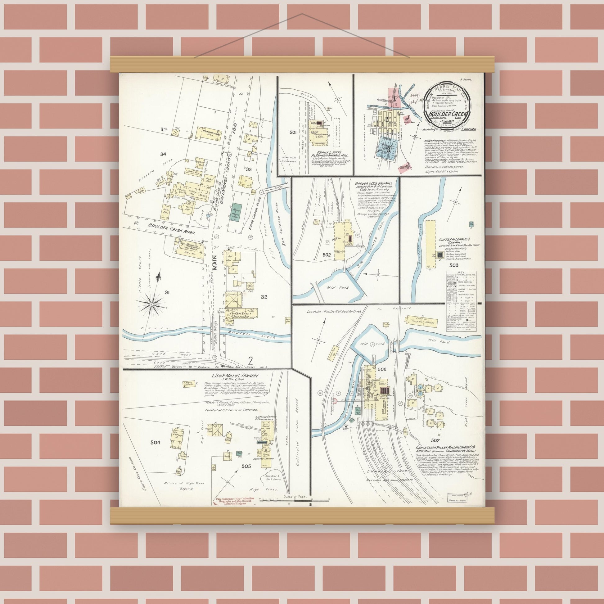 Old map wall art mockup — magnetic wood frame on brick wall — Sanborn Fire Insurance Map from Boulder Creek, Santa Cruz County, California (1897), Sheet #0001