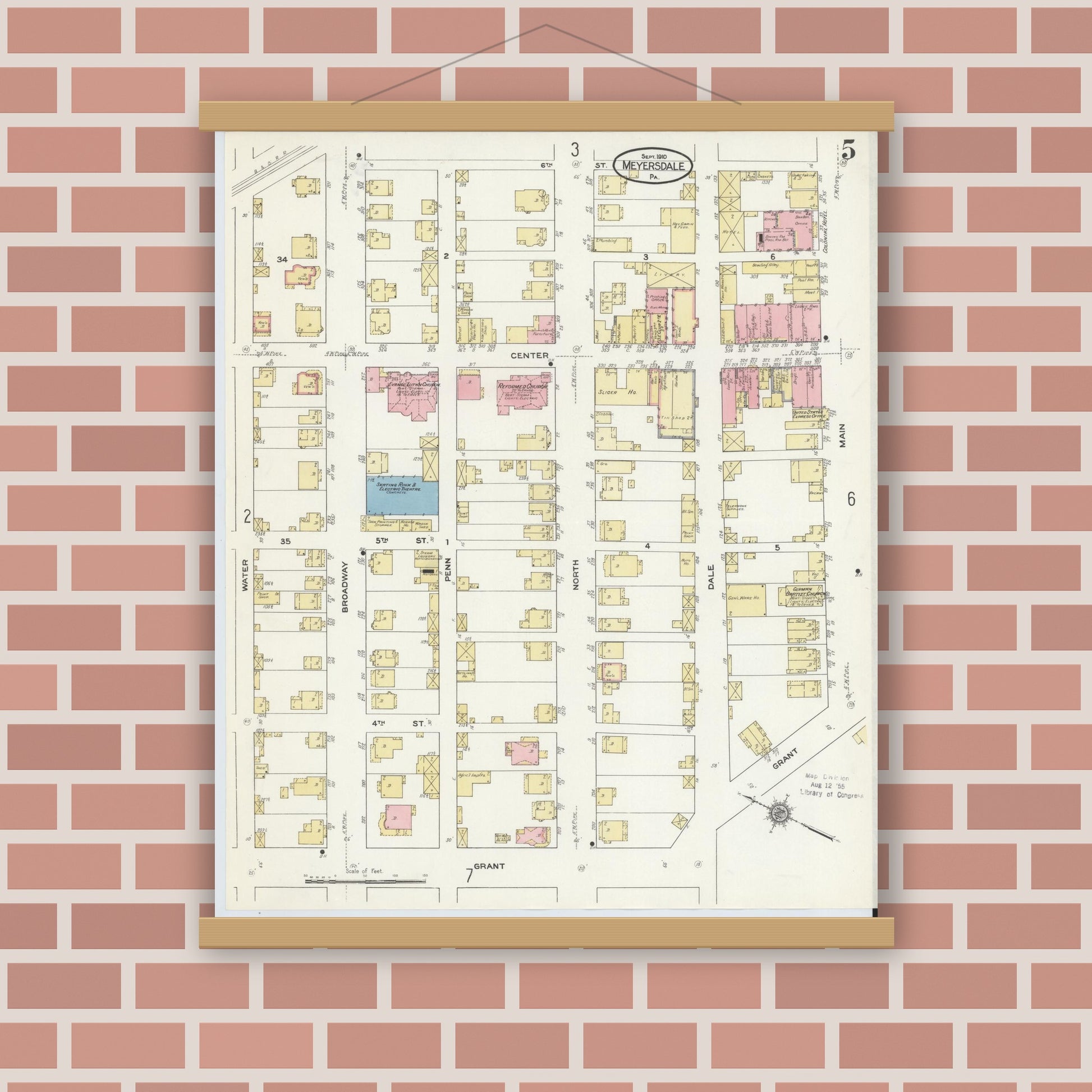 Old map wall art mockup — magnetic wood frame on brick wall — Sanborn Fire Insurance Map from Meyersdale, Somerset County, Pennsylvania (1910), Sheet #0005
