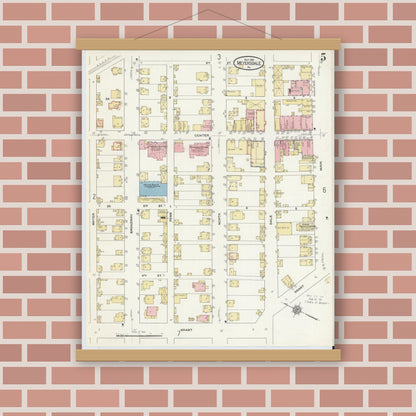 Old map wall art mockup — magnetic wood frame on brick wall — Sanborn Fire Insurance Map from Meyersdale, Somerset County, Pennsylvania (1910), Sheet #0005