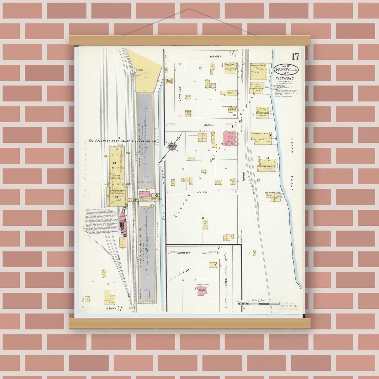 Old map wall art mockup — magnetic wood frame on brick wall — Sanborn Fire Insurance Map from Painesville, Lake County, Ohio (1911), Sheet #0017