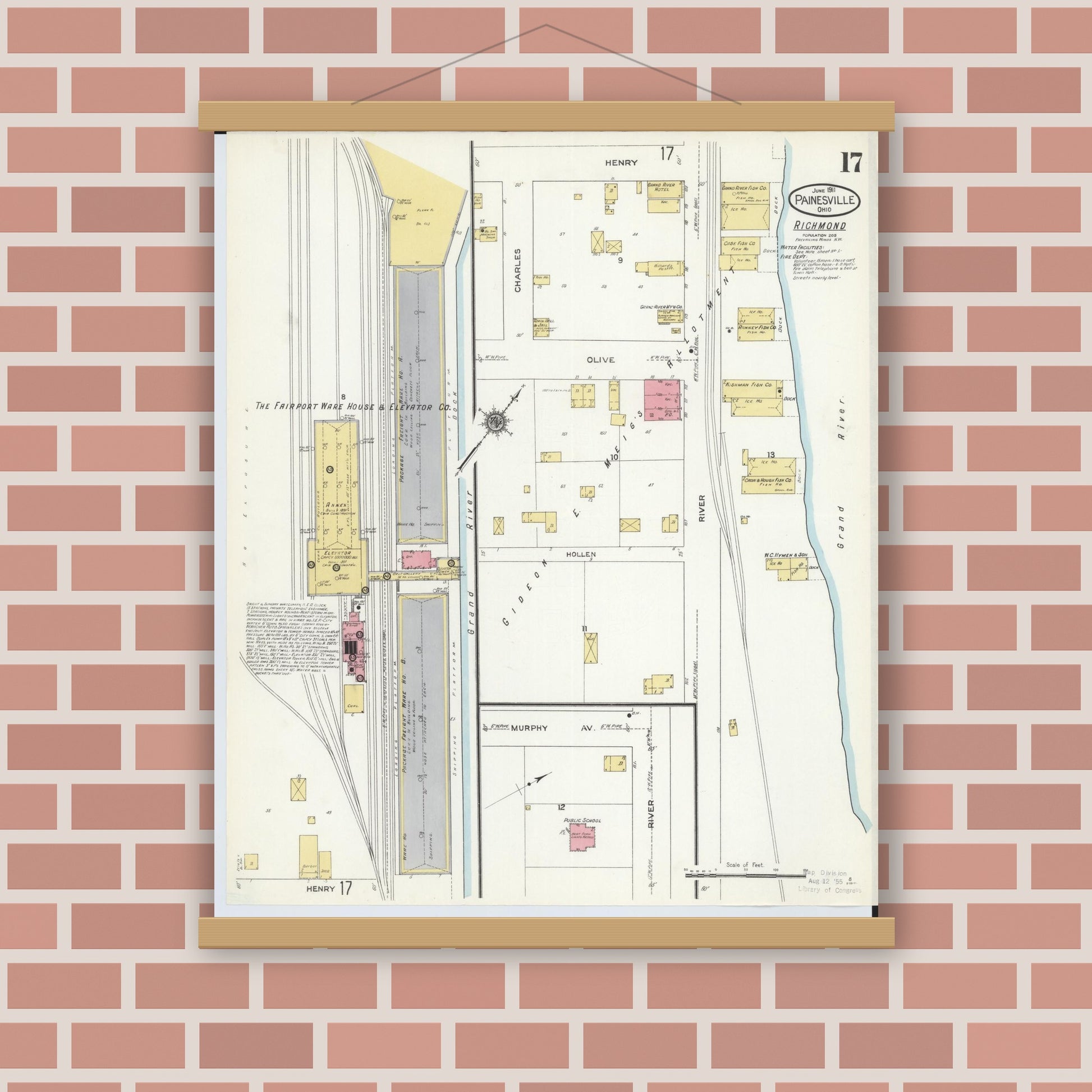 Old map wall art mockup — magnetic wood frame on brick wall — Sanborn Fire Insurance Map from Painesville, Lake County, Ohio (1911), Sheet #0017