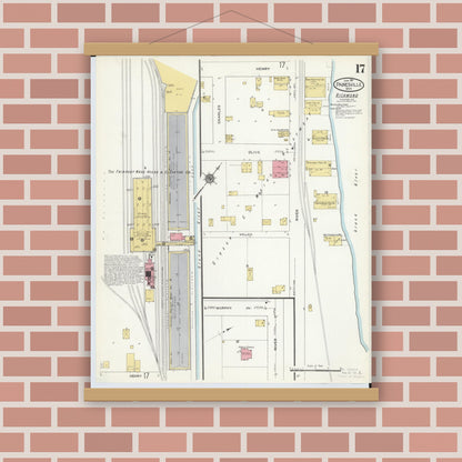 Old map wall art mockup — magnetic wood frame on brick wall — Sanborn Fire Insurance Map from Painesville, Lake County, Ohio (1911), Sheet #0017