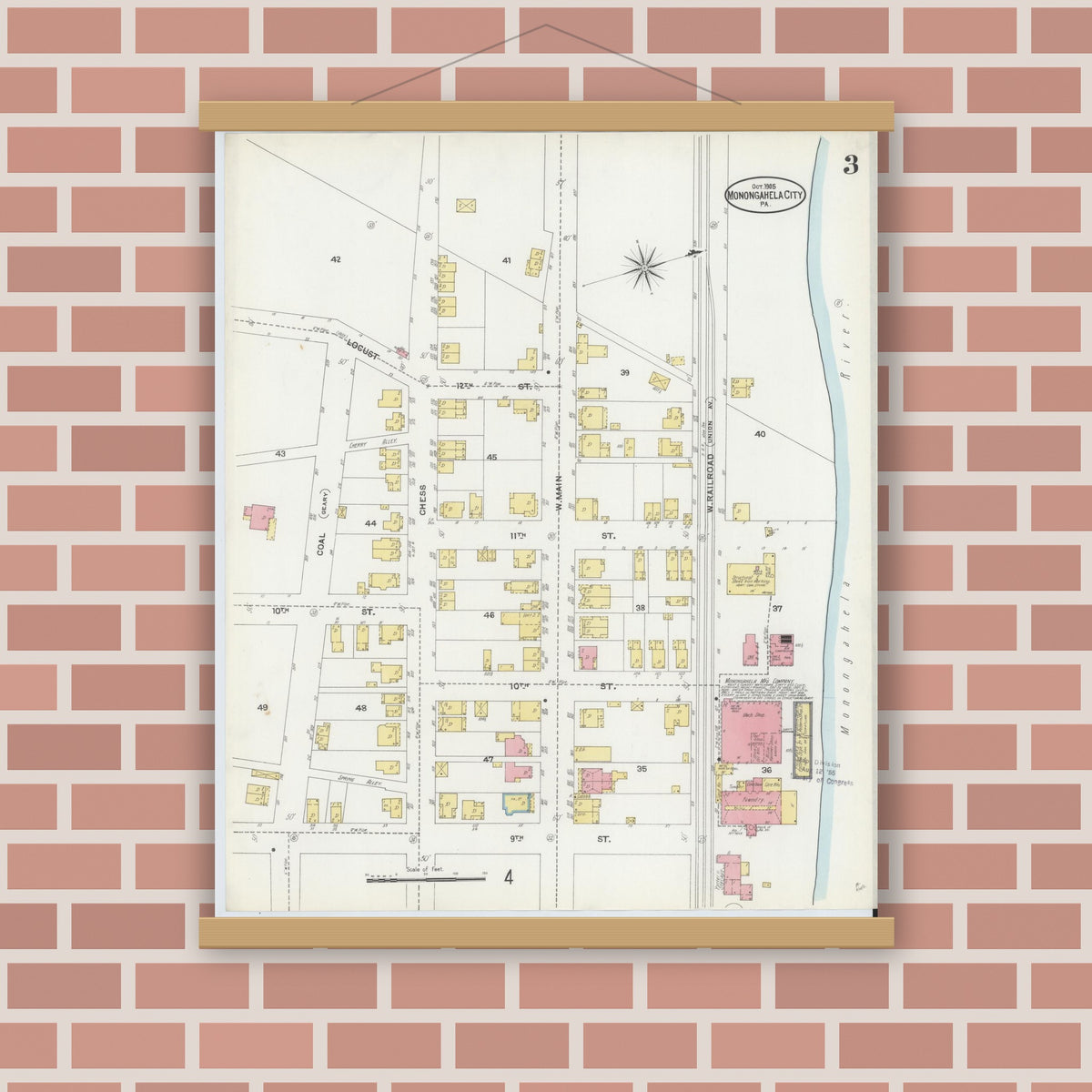 Old map wall art mockup — magnetic wood frame on brick wall — Sanborn Fire Insurance Map from Monongahela City, Washington County, Pennsylvania (1905), Sheet #0003