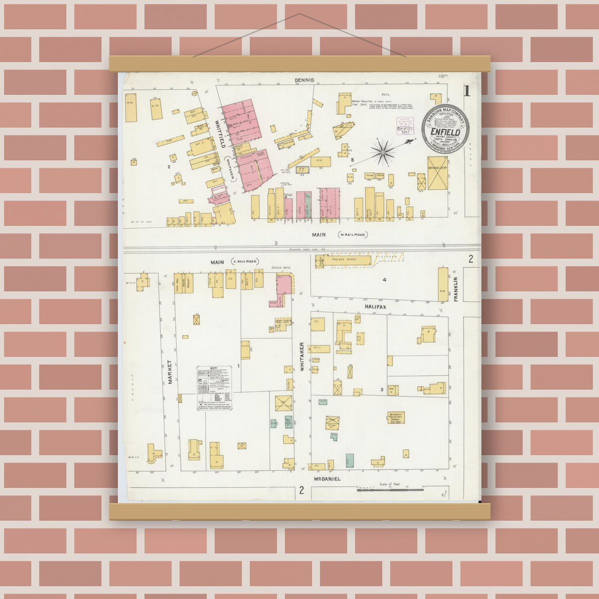 Old map wall art mockup — magnetic wood frame on brick wall — Sanborn Fire Insurance Map from Enfield, Halifax County, North Carolina (1905) - Complete Map Set