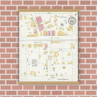 Old map wall art mockup — magnetic wood frame on brick wall — Sanborn Fire Insurance Map from Enfield, Halifax County, North Carolina (1905) - Complete Map Set