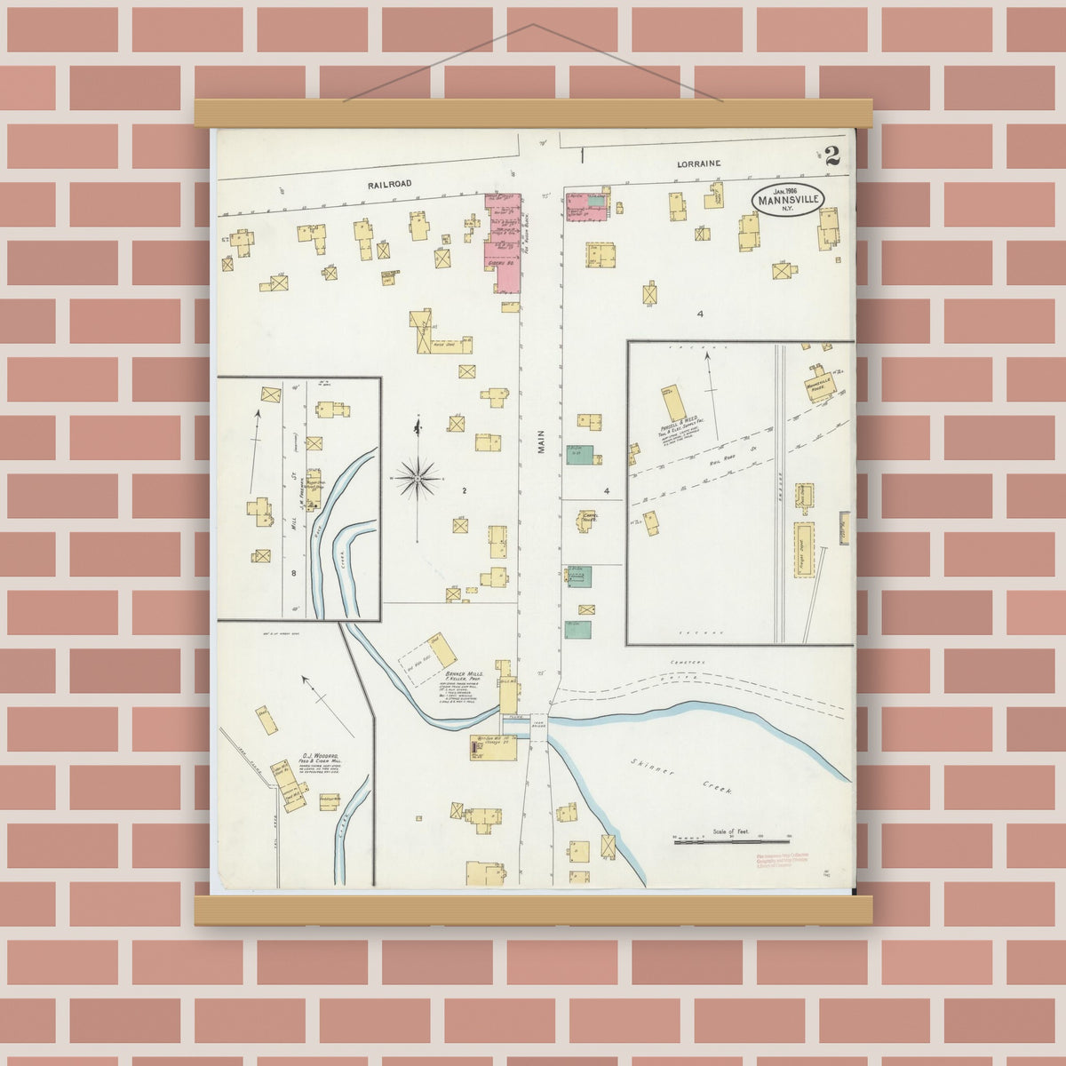 Old map wall art mockup — magnetic wood frame on brick wall — Sanborn Fire Insurance Map from Mannsville, Jefferson County, New York (1906), Sheet #0002