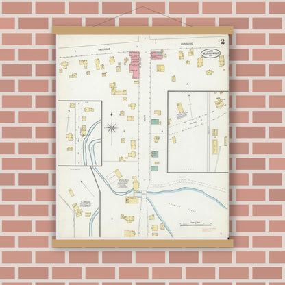 Old map wall art mockup — magnetic wood frame on brick wall — Sanborn Fire Insurance Map from Mannsville, Jefferson County, New York (1906), Sheet #0002