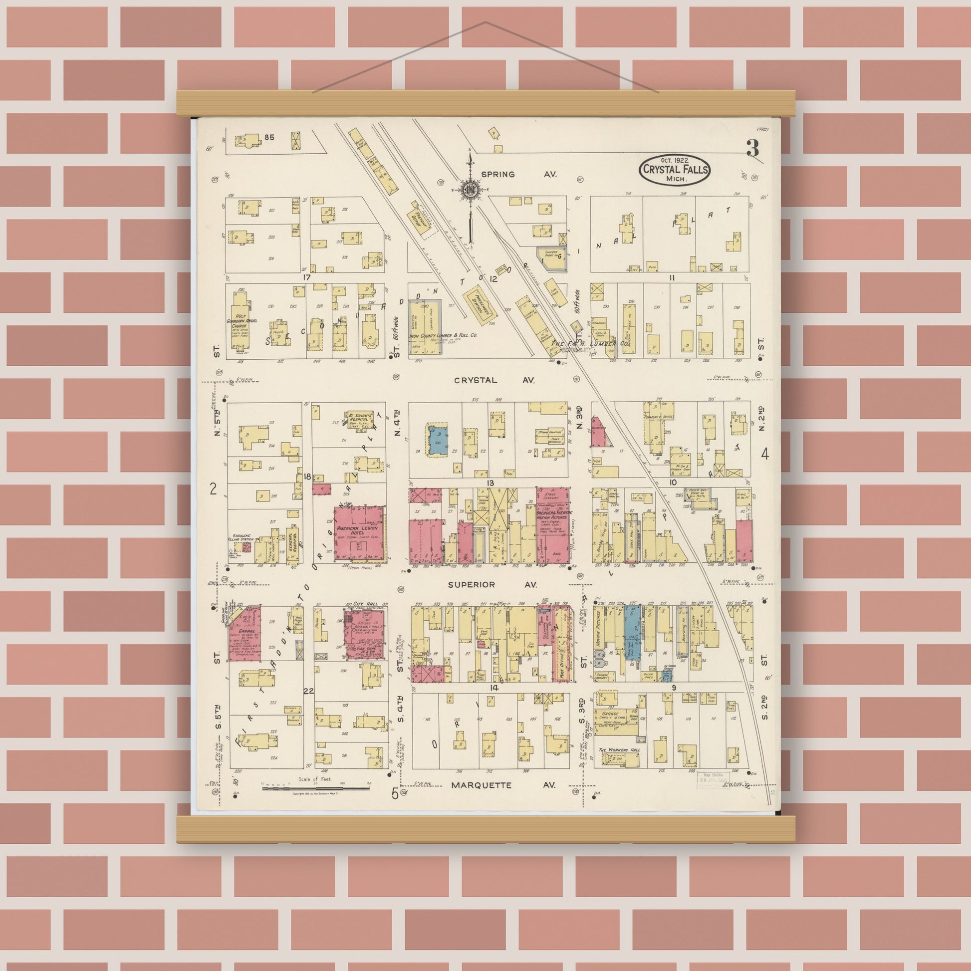 Old map wall art mockup — magnetic wood frame on brick wall — Sanborn Fire Insurance Map from Crystal Falls, Iron County, Michigan (1922), Sheet #0003