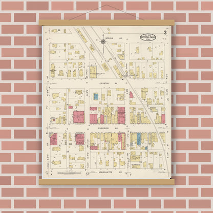 Old map wall art mockup — magnetic wood frame on brick wall — Sanborn Fire Insurance Map from Crystal Falls, Iron County, Michigan (1922), Sheet #0003