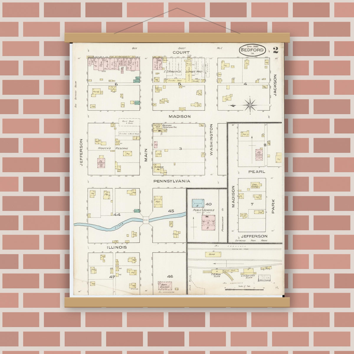 Old map wall art mockup — magnetic wood frame on brick wall — Sanborn Fire Insurance Map from Bedford, Taylor County, Iowa (1886), Sheet #0002