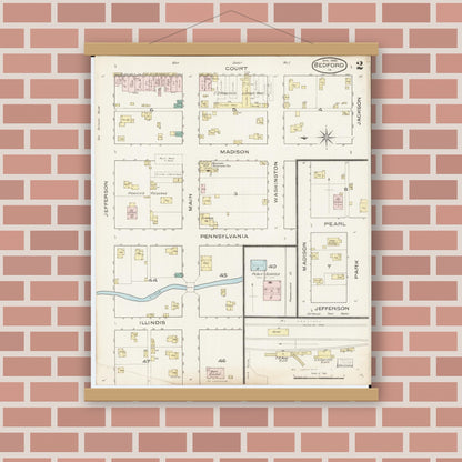 Old map wall art mockup — magnetic wood frame on brick wall — Sanborn Fire Insurance Map from Bedford, Taylor County, Iowa (1886), Sheet #0002