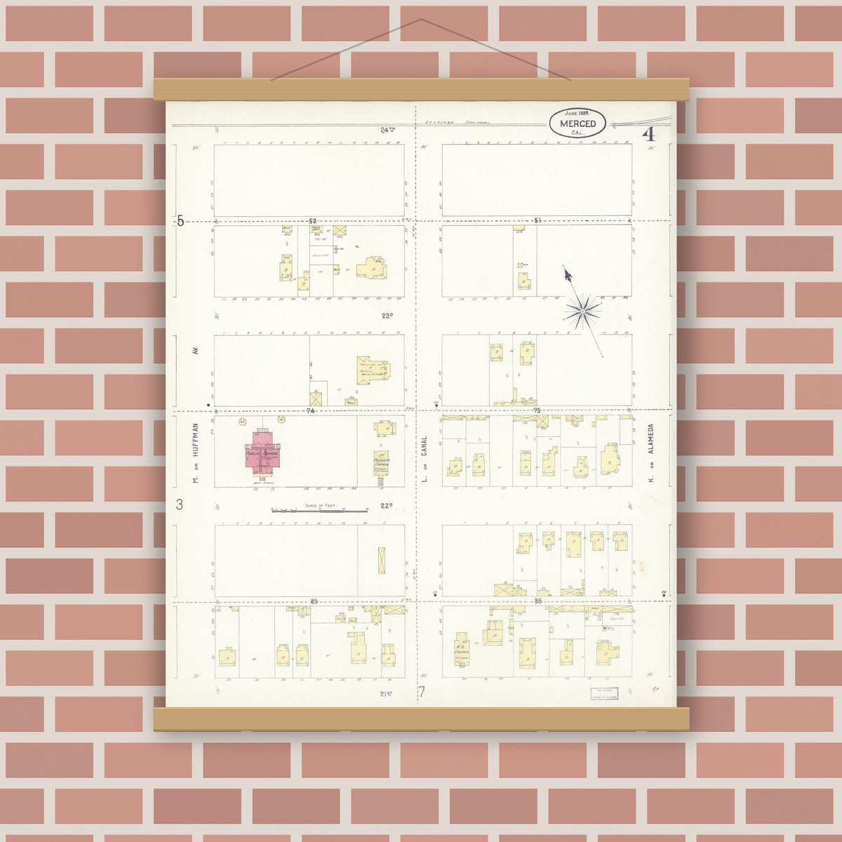Old map wall art mockup — magnetic wood frame on brick wall — Sanborn Fire Insurance Map from Merced, Merced County, California (1898), Sheet #0004