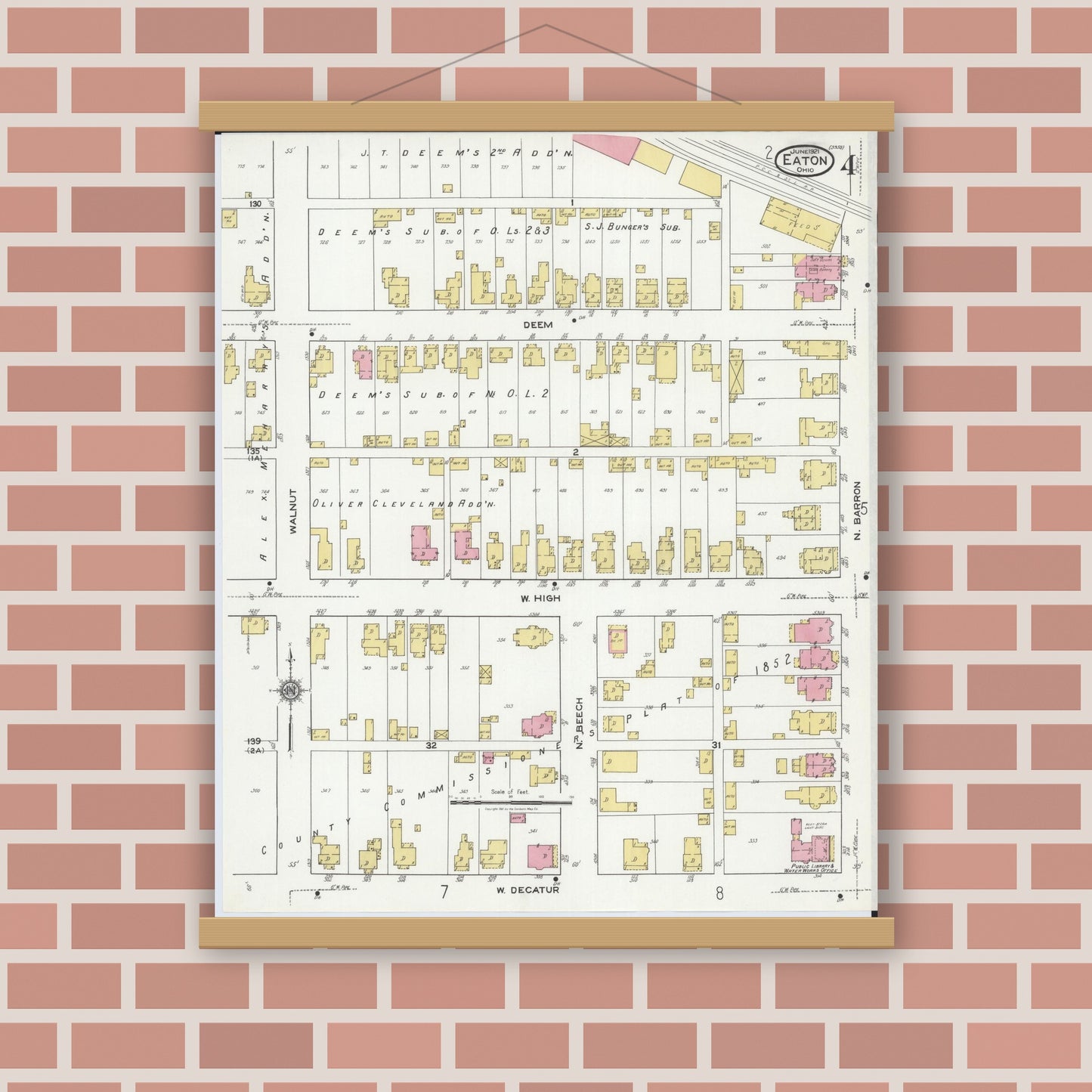 Old map wall art mockup — magnetic wood frame on brick wall — Sanborn Fire Insurance Map from Eaton, Preble County, Ohio (1921), Sheet #0004