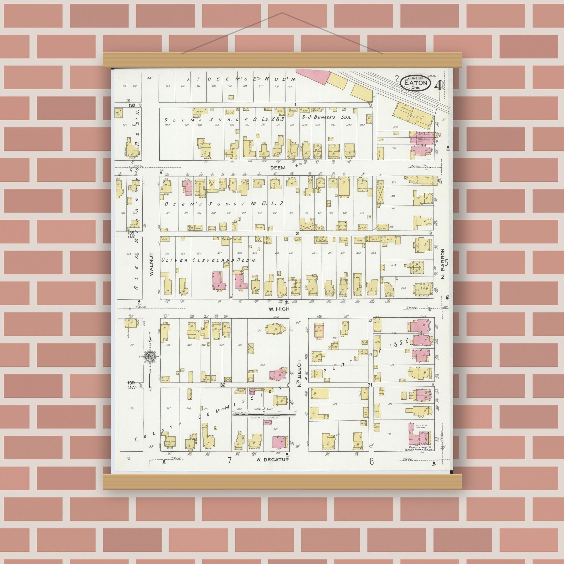 Old map wall art mockup — magnetic wood frame on brick wall — Sanborn Fire Insurance Map from Eaton, Preble County, Ohio (1921), Sheet #0004