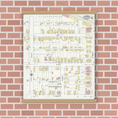 Old map wall art mockup — magnetic wood frame on brick wall — Sanborn Fire Insurance Map from Eaton, Preble County, Ohio (1921), Sheet #0004