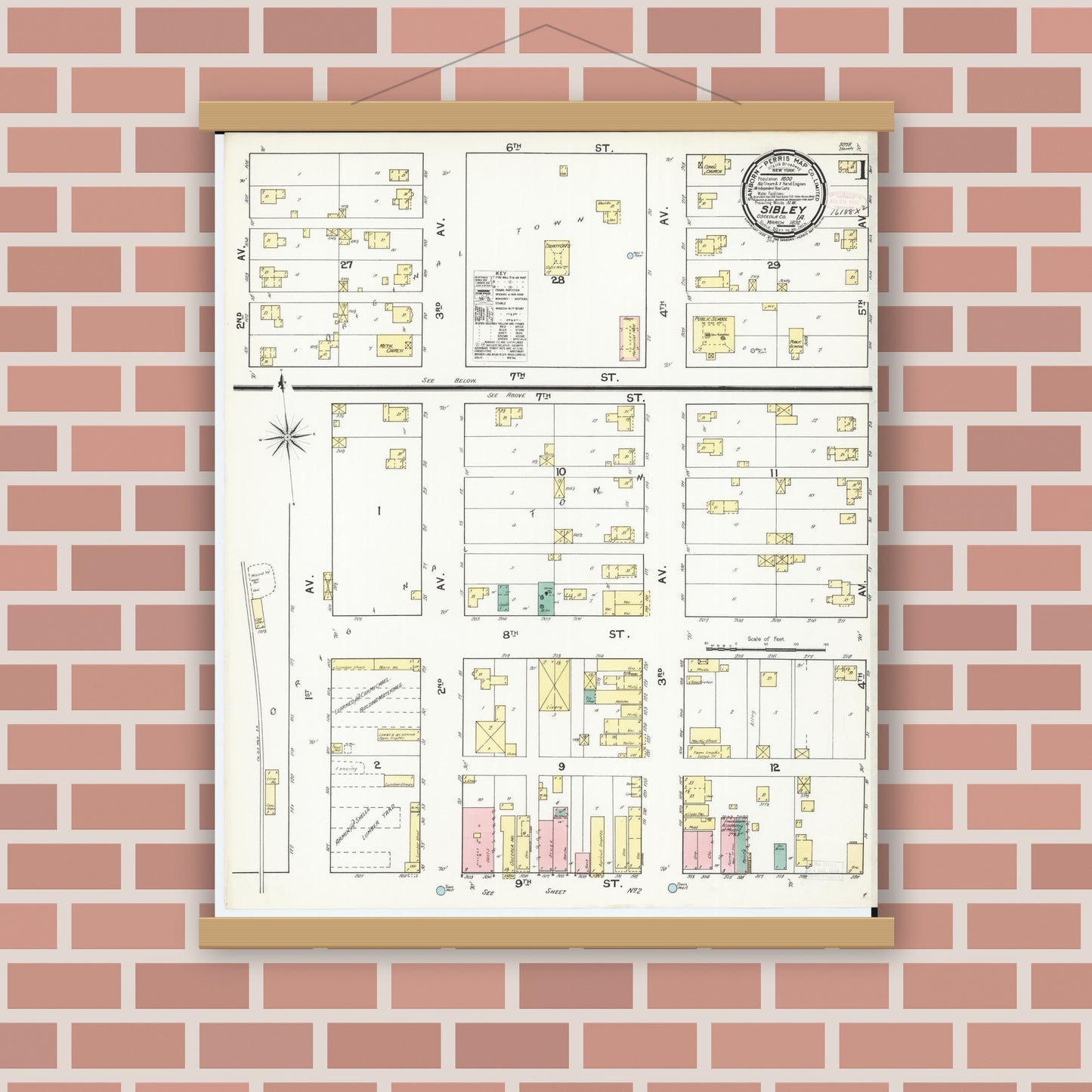 Old map wall art mockup — magnetic wood frame on brick wall — Sanborn Fire Insurance Map from Sibley, Osceola County, Iowa (1892), Sheet #0001