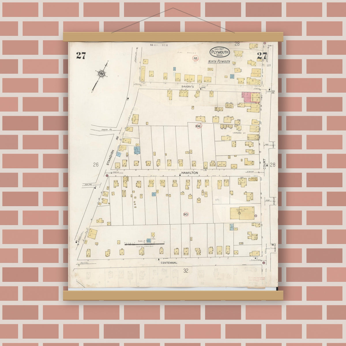 Old map wall art mockup — magnetic wood frame on brick wall — Sanborn Fire Insurance Map from Plymouth, Plymouth County, Massachusetts (1948), Sheet #0027