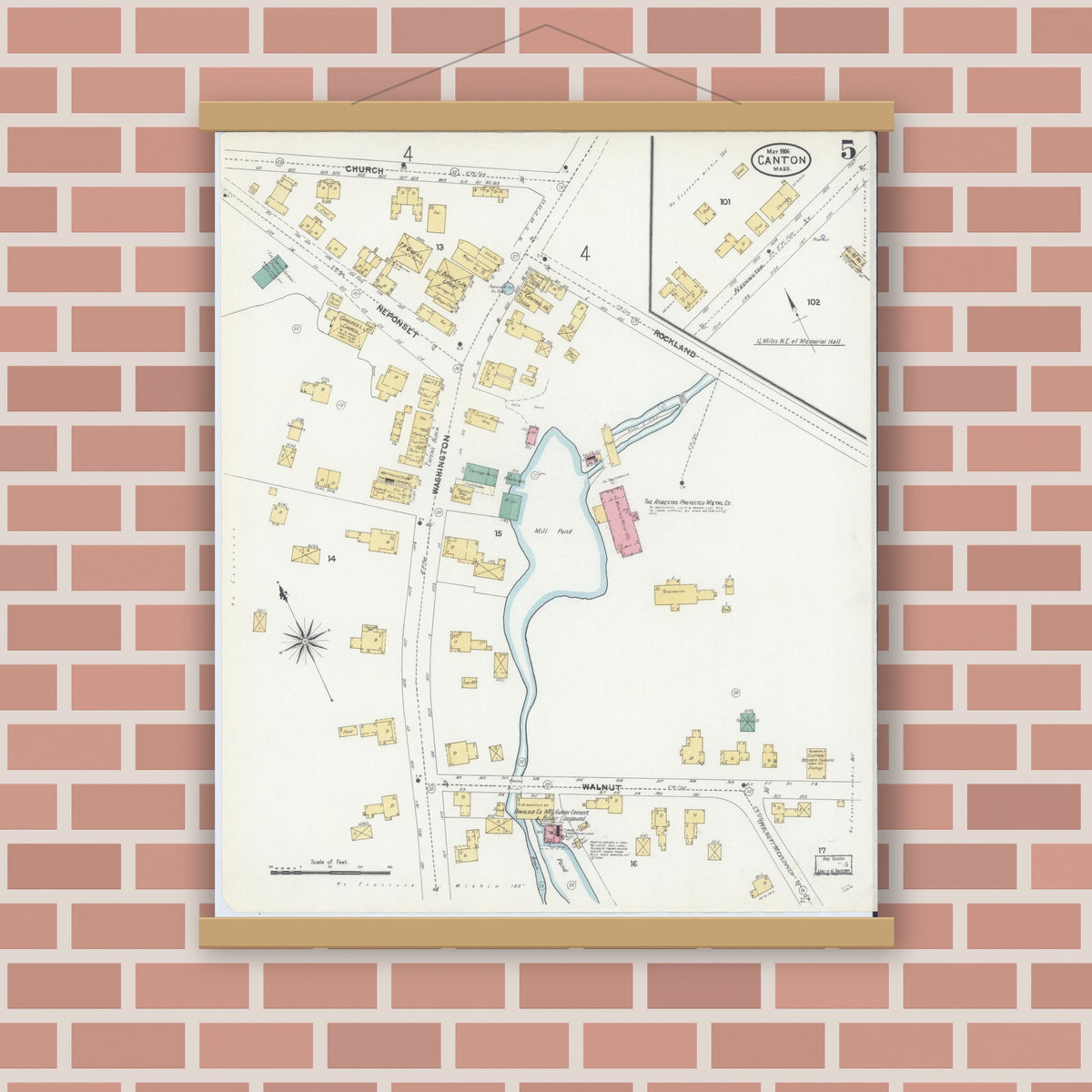 Old map wall art mockup — magnetic wood frame on brick wall — Sanborn Fire Insurance Map from Canton, Norfolk County, Massachusetts (1906), Sheet #0005