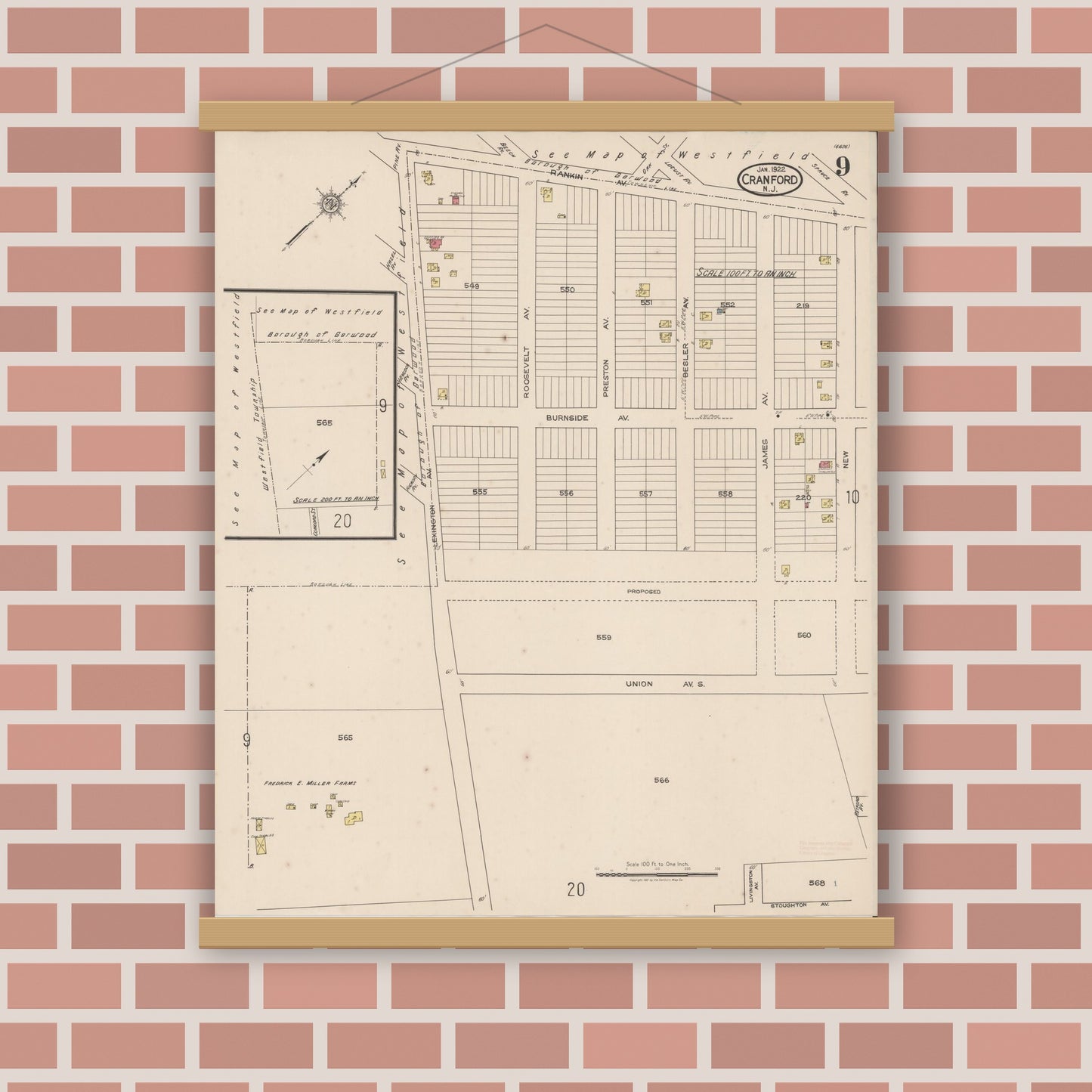 Old map wall art mockup — magnetic wood frame on brick wall — Sanborn Fire Insurance Map from Cranford, Union County, New Jersey (1922), Sheet #0009