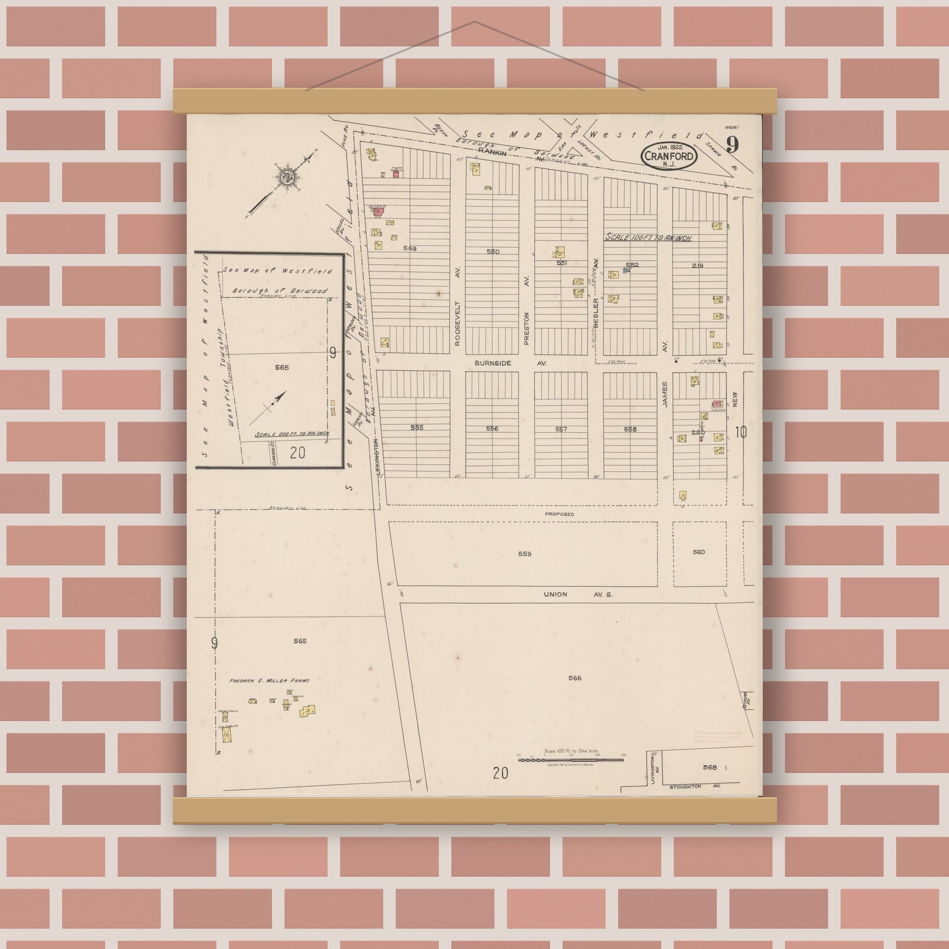 Old map wall art mockup — magnetic wood frame on brick wall — Sanborn Fire Insurance Map from Cranford, Union County, New Jersey (1922), Sheet #0009