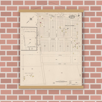 Old map wall art mockup — magnetic wood frame on brick wall — Sanborn Fire Insurance Map from Cranford, Union County, New Jersey (1922), Sheet #0009