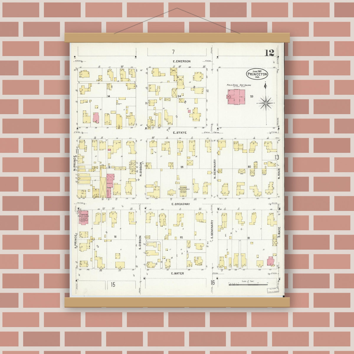 Old map wall art mockup — magnetic wood frame on brick wall — Sanborn Fire Insurance Map from Princeton, Gibson County, Indiana (1907), Sheet #0012