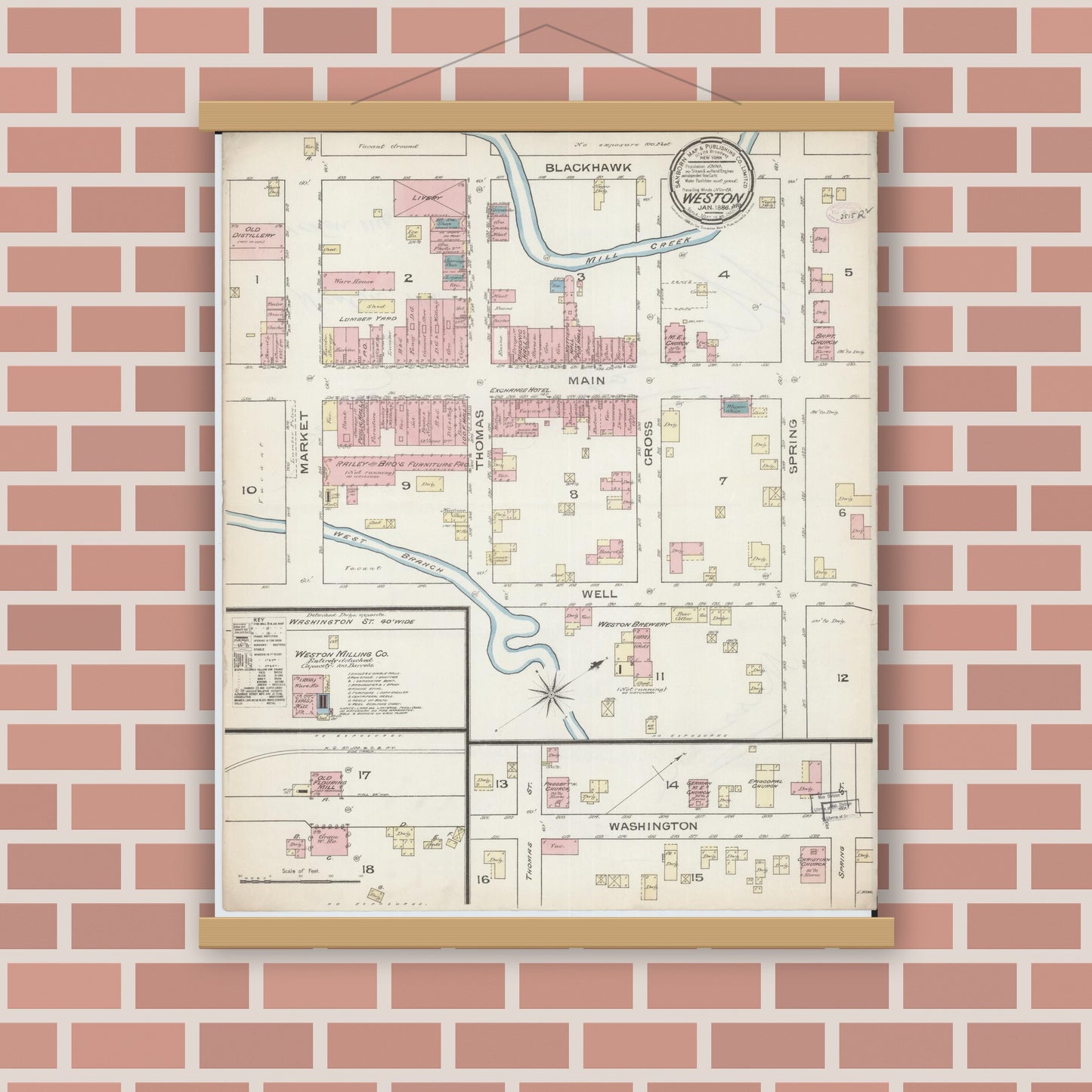 Old map wall art mockup — magnetic wood frame on brick wall — Sanborn Fire Insurance Map from Weston, Platte County, Missouri (1886), Sheet #0001