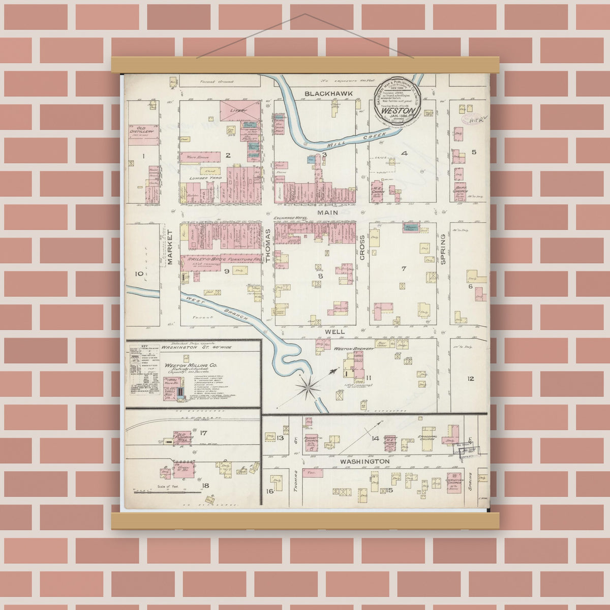 Old map wall art mockup — magnetic wood frame on brick wall — Sanborn Fire Insurance Map from Weston, Platte County, Missouri (1886), Sheet #0001