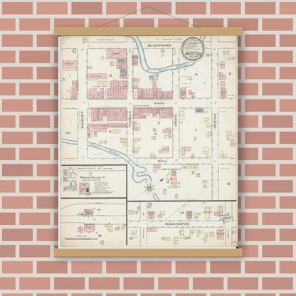 Old map wall art mockup — magnetic wood frame on brick wall — Sanborn Fire Insurance Map from Weston, Platte County, Missouri (1886), Sheet #0001