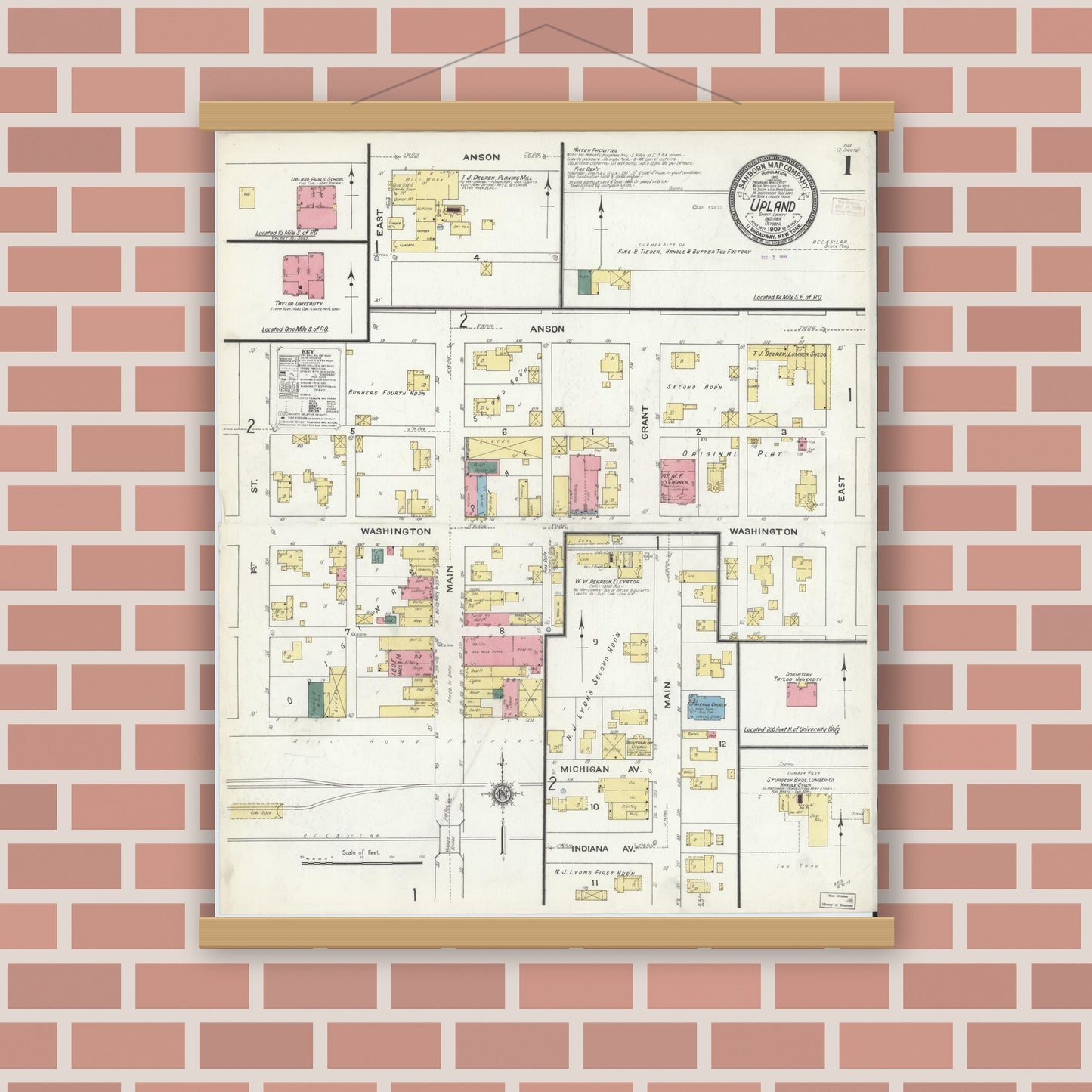 Old map wall art mockup — magnetic wood frame on brick wall — Sanborn Fire Insurance Map from Upland, Grant County, Indiana (1909) - Complete Map Set