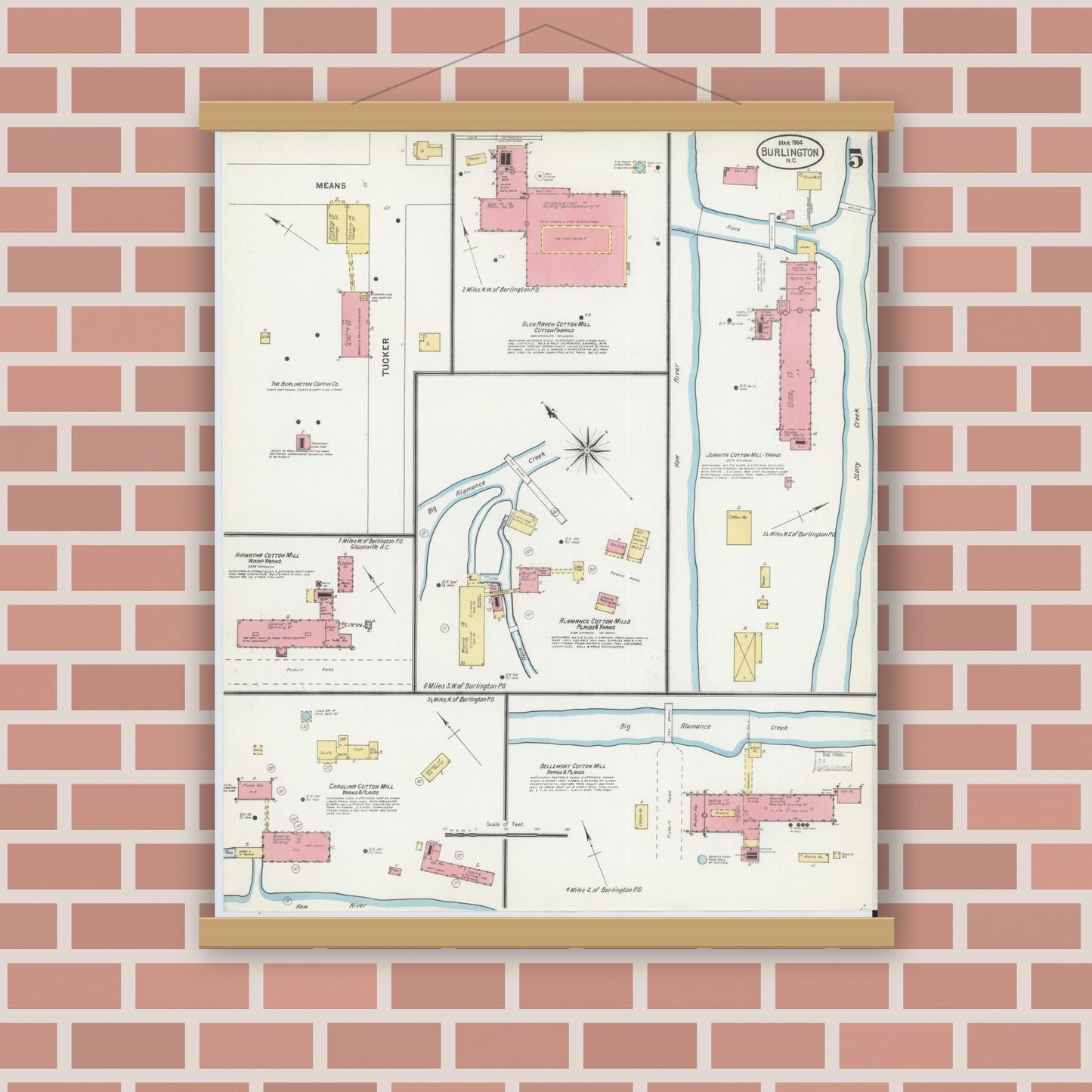 Old map wall art mockup — magnetic wood frame on brick wall — Sanborn Fire Insurance Map from Burlington, Alamance County, North Carolina (1904), Sheet #0005