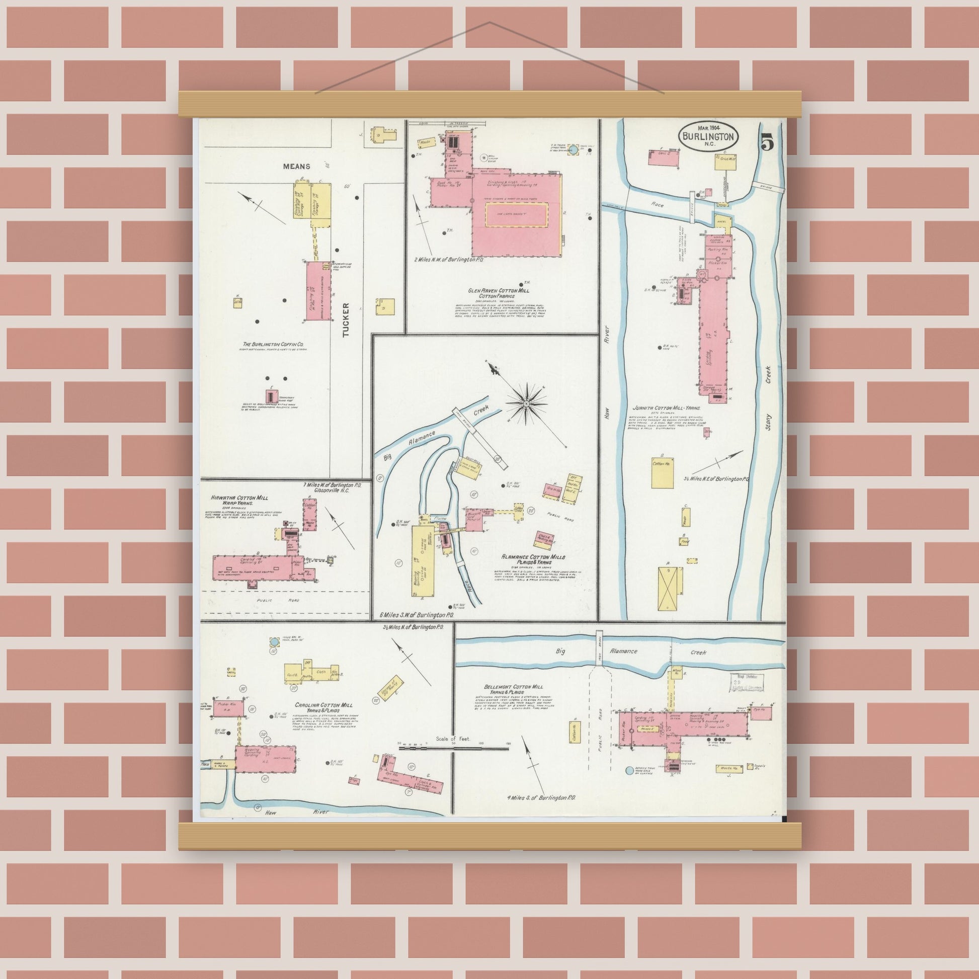 Old map wall art mockup — magnetic wood frame on brick wall — Sanborn Fire Insurance Map from Burlington, Alamance County, North Carolina (1904), Sheet #0005