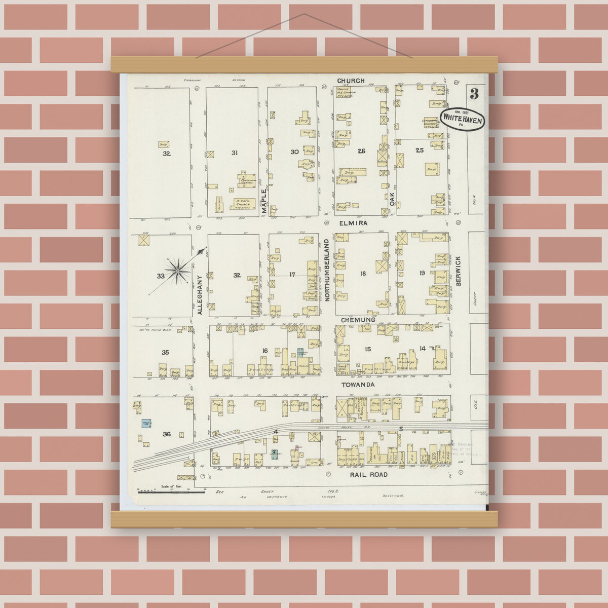 Old map wall art mockup — magnetic wood frame on brick wall — Sanborn Fire Insurance Map from White Haven, Luzerne County, Pennsylvania (1891), Sheet #0003