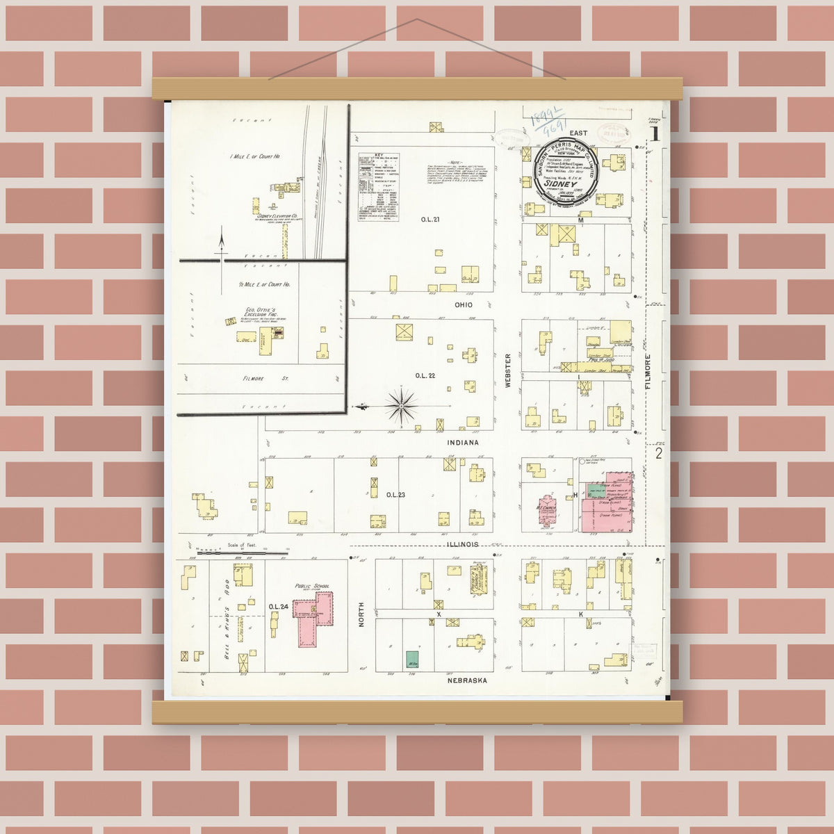 Old map wall art mockup — magnetic wood frame on brick wall — Sanborn Fire Insurance Map from Sidney, Fremont County, Iowa (1899) â€” Complete Set