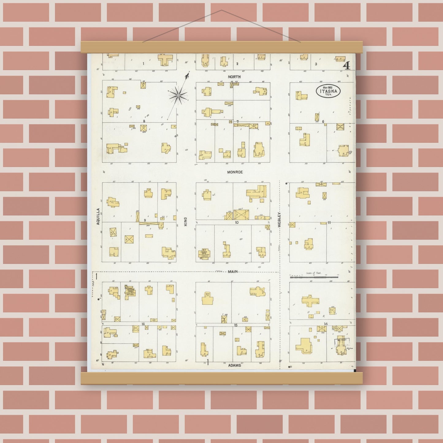 Old map wall art mockup — magnetic wood frame on brick wall — Sanborn Fire Insurance Map from Itasca, Hill County, Texas (1902), Sheet #0004