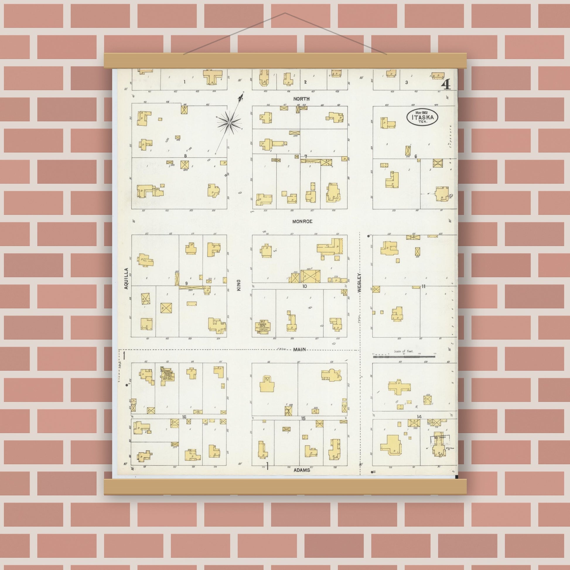 Old map wall art mockup — magnetic wood frame on brick wall — Sanborn Fire Insurance Map from Itasca, Hill County, Texas (1902), Sheet #0004