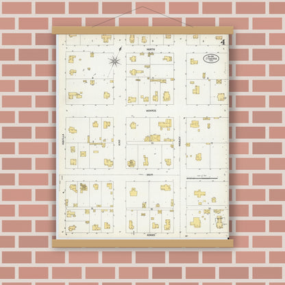 Old map wall art mockup — magnetic wood frame on brick wall — Sanborn Fire Insurance Map from Itasca, Hill County, Texas (1902), Sheet #0004