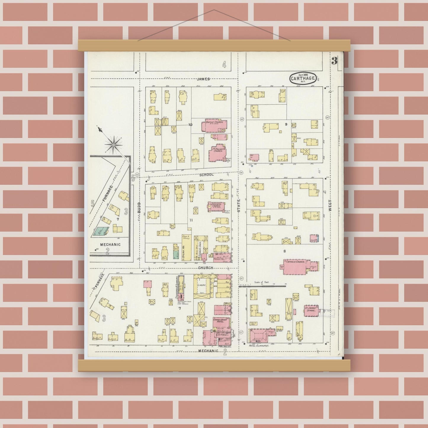 Old map wall art mockup — magnetic wood frame on brick wall — Sanborn Fire Insurance Map from Carthage, Jefferson County, New York (1895), Sheet #0003