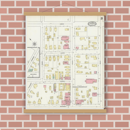 Old map wall art mockup — magnetic wood frame on brick wall — Sanborn Fire Insurance Map from Carthage, Jefferson County, New York (1895), Sheet #0003