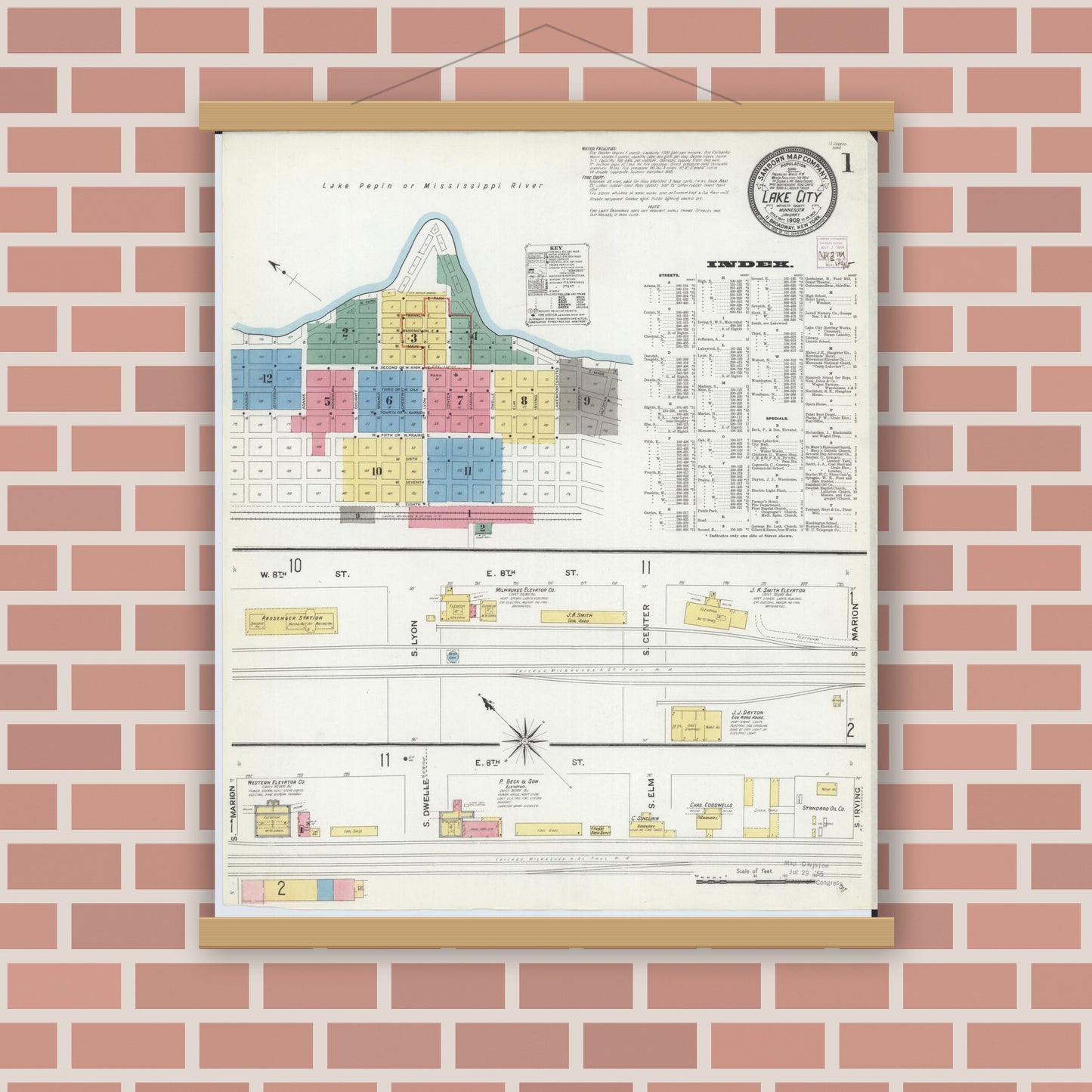 Old map wall art mockup — magnetic wood frame on brick wall — Sanborn Fire Insurance Map from Lake City, Wabasha County, Minnesota (1909) - Complete Map Set