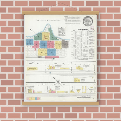 Old map wall art mockup — magnetic wood frame on brick wall — Sanborn Fire Insurance Map from Lake City, Wabasha County, Minnesota (1909) - Complete Map Set