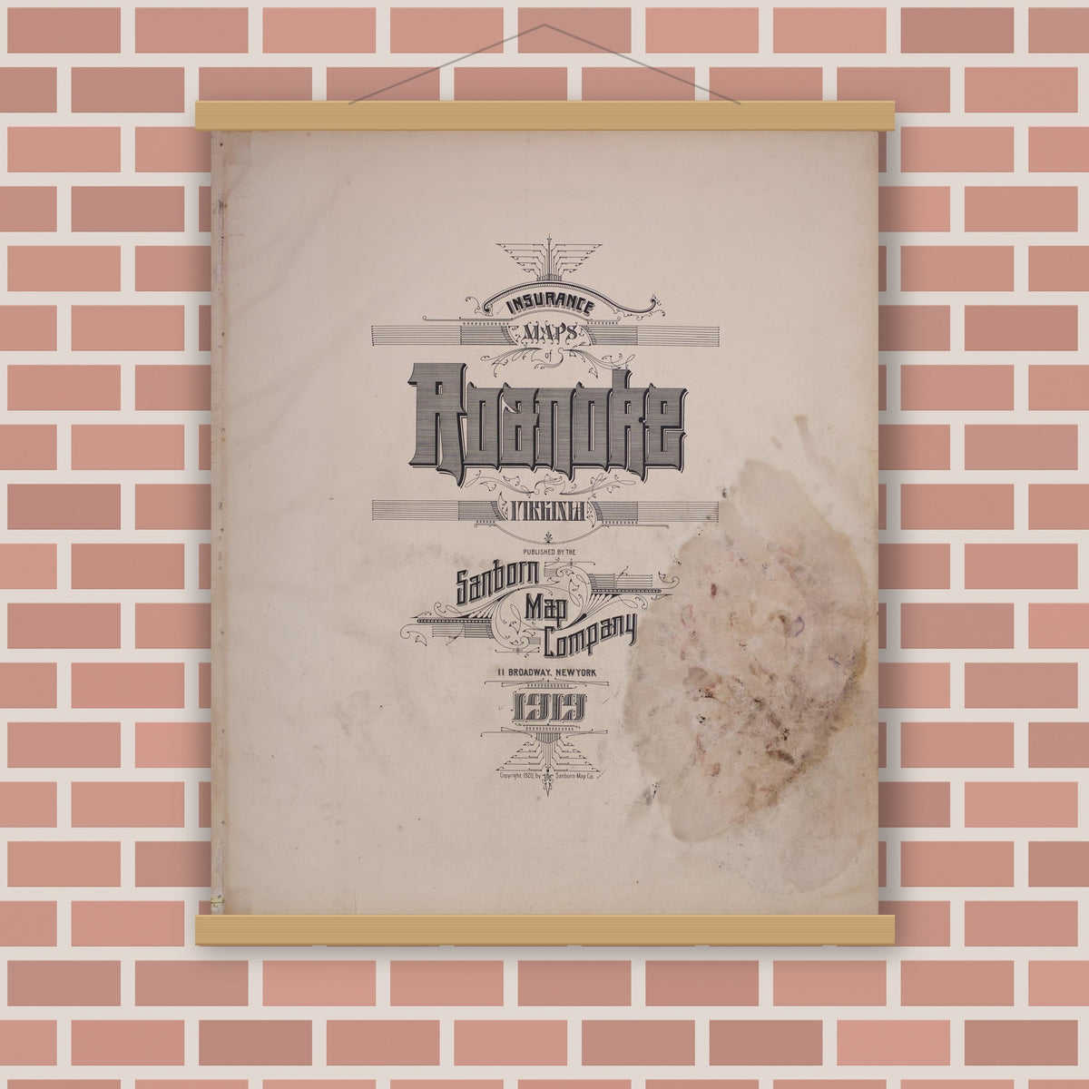 Old map wall art mockup — magnetic wood frame on brick wall — Sanborn Fire Insurance Map from Roanoke, Independent Cities, Virginia (1919), Sheet #0001
