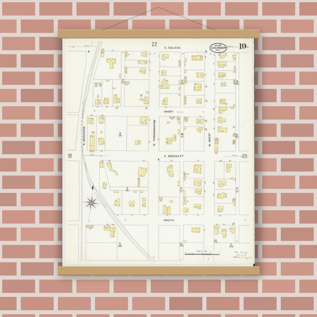 Old map wall art mockup — magnetic wood frame on brick wall — Sanborn Fire Insurance Map from Sherman, Grayson County, Texas (1908), Sheet #0019