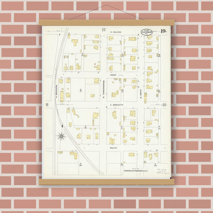 Old map wall art mockup — magnetic wood frame on brick wall — Sanborn Fire Insurance Map from Sherman, Grayson County, Texas (1908), Sheet #0019