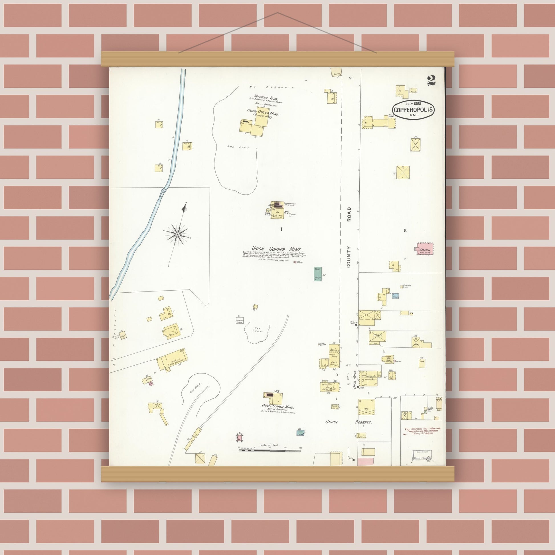 Old map wall art mockup — magnetic wood frame on brick wall — Sanborn Fire Insurance Map from Copperopolis, Calaveras County, California (1895), Sheet #0002